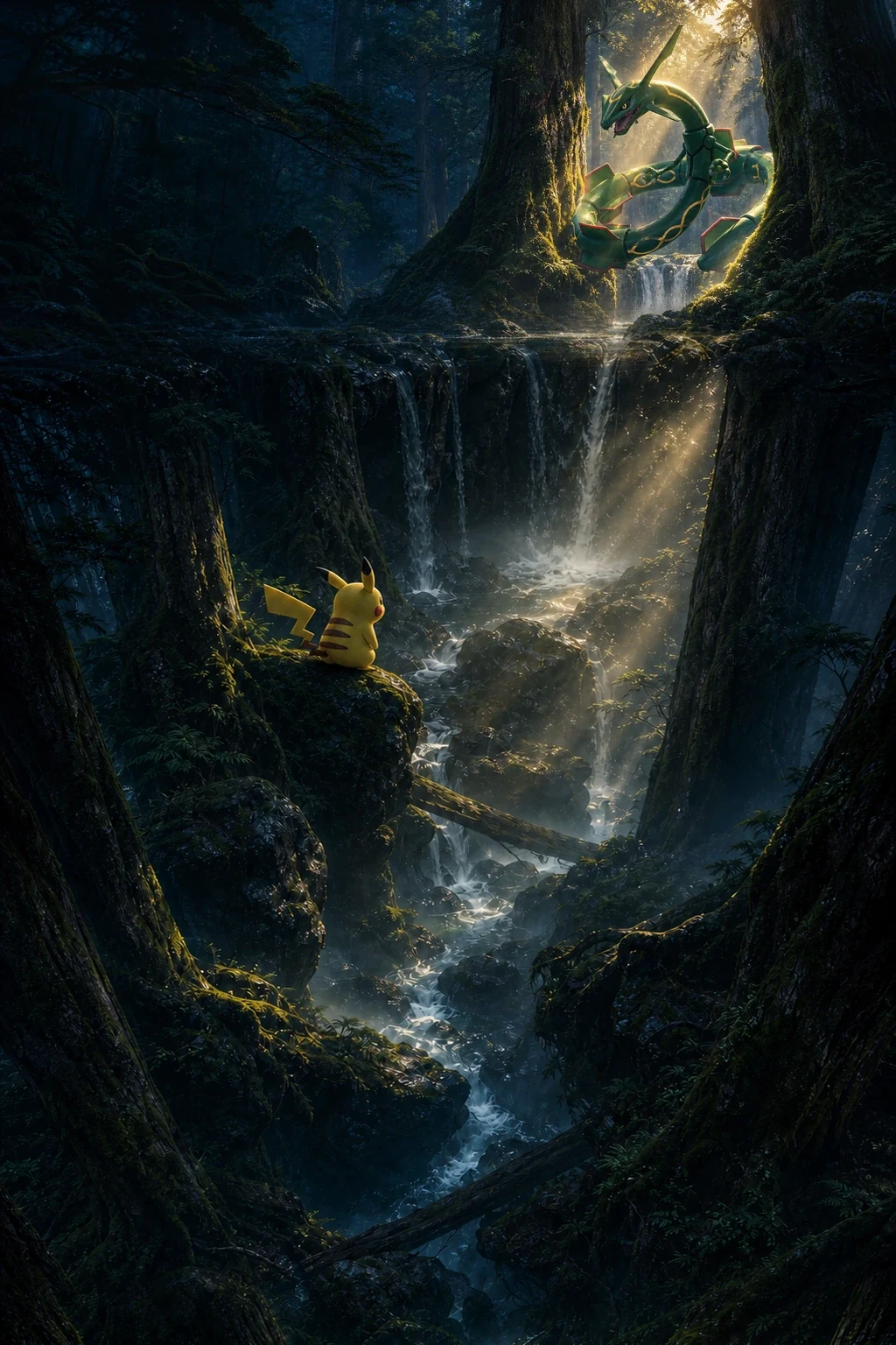 Rayquaza, Pikachu et Lucario dans un paysage représentant les trajectoires de valeur des Pokémon